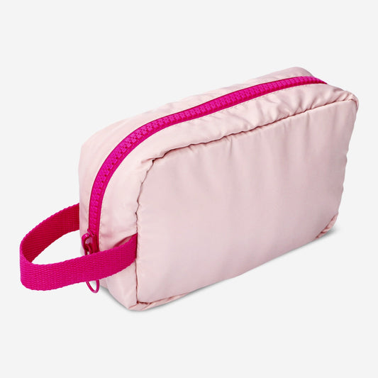 Pink cosmetic bag with strap