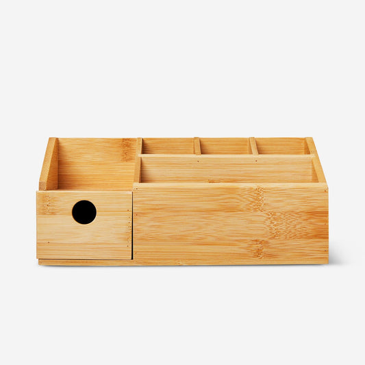 Bamboo cosmetic organiser with multi-size compartments and drawer