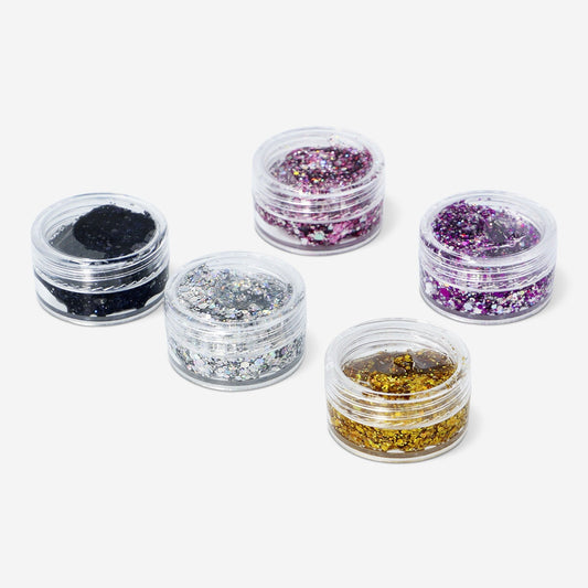 Colourful glitter set of 5 for hair and body shimmer
