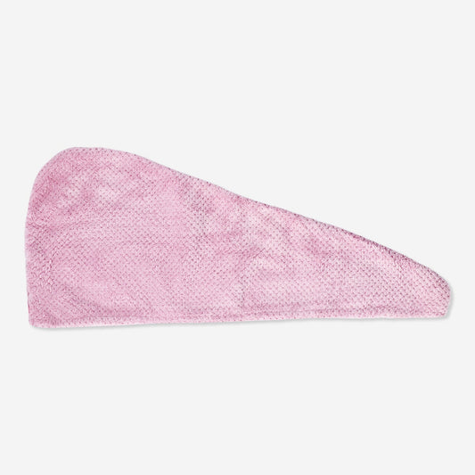 Plush pink hair towel with twist-and-button design