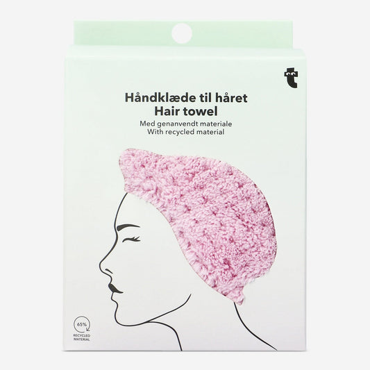 Plysj, rosa hårhåndkle med vri-og-knapp-design