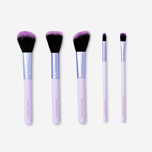 Purple makeup brushes kit with iridescent pouch