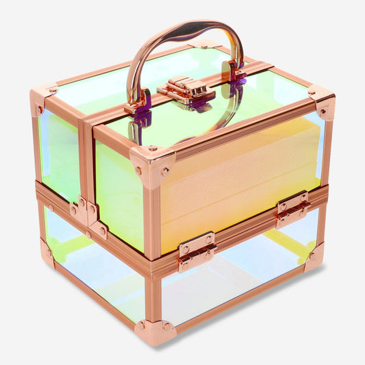 Iridescent beauty case with rose gold finish