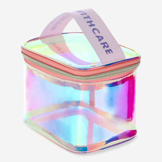 Iridescent cosmetic bag with webbed handle