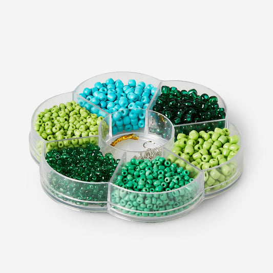 Kit de artesanato com contas de vidro verdes e azuis