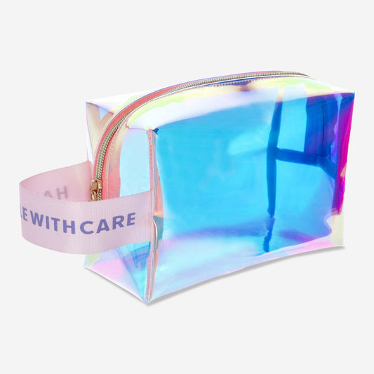Iridescent toiletry bag with webbed handle