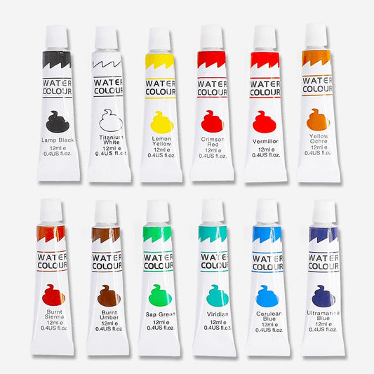 Watercolour paint tubes in a set of 12