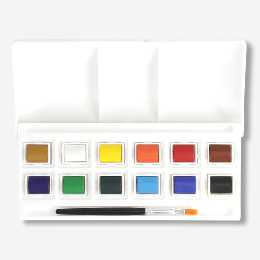 12-kolorowy zestaw farb akwarelowych z paletą do mieszania i pędzlem