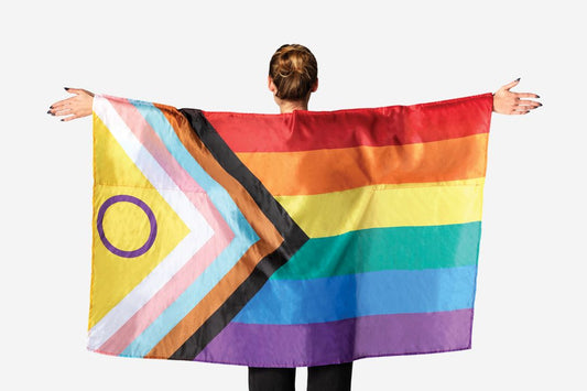 Person holding a colorful pride flag with inclusive symbols.