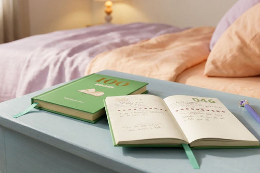 A green book and an open diary on a bedside table.