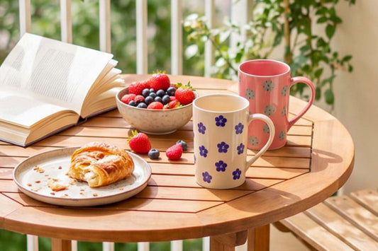 A cozy breakfast setting with pastries, berries, and mugs on a wooden table.