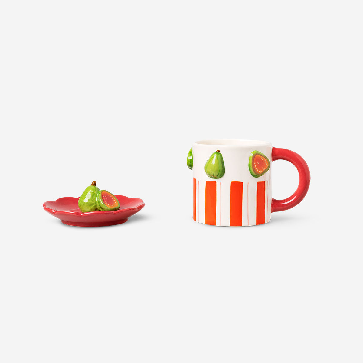 Flying Tiger Copenhagen 400ml mug with guava fruit design and a snack tray for kitchen use.