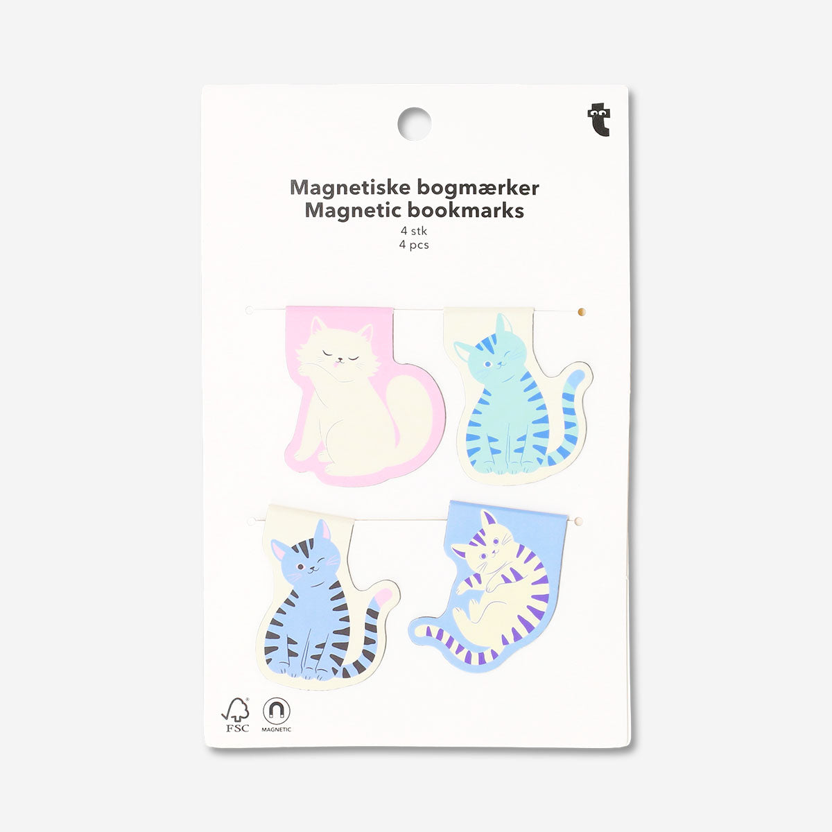 Set of four magnetic cat-shaped bookmarks for office use, featuring playful feline designs from Flying Tiger Copenhagen.