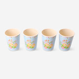 Set of four reusable floral party cups by Flying Tiger Copenhagen, colorful and eco-friendly for celebrations.