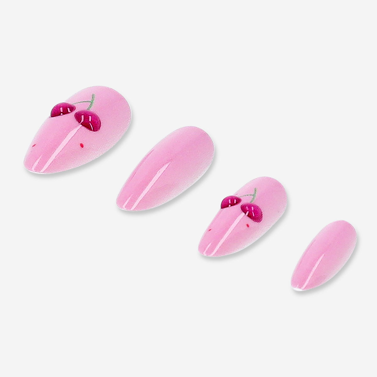 Pink cherries press on nails from Flying Tiger Copenhagen, showcasing glossy, cherry-themed nail designs for personal care.