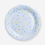Set of 8 blue confetti paper plates for parties, featuring colorful confetti designs, by Flying Tiger Copenhagen.