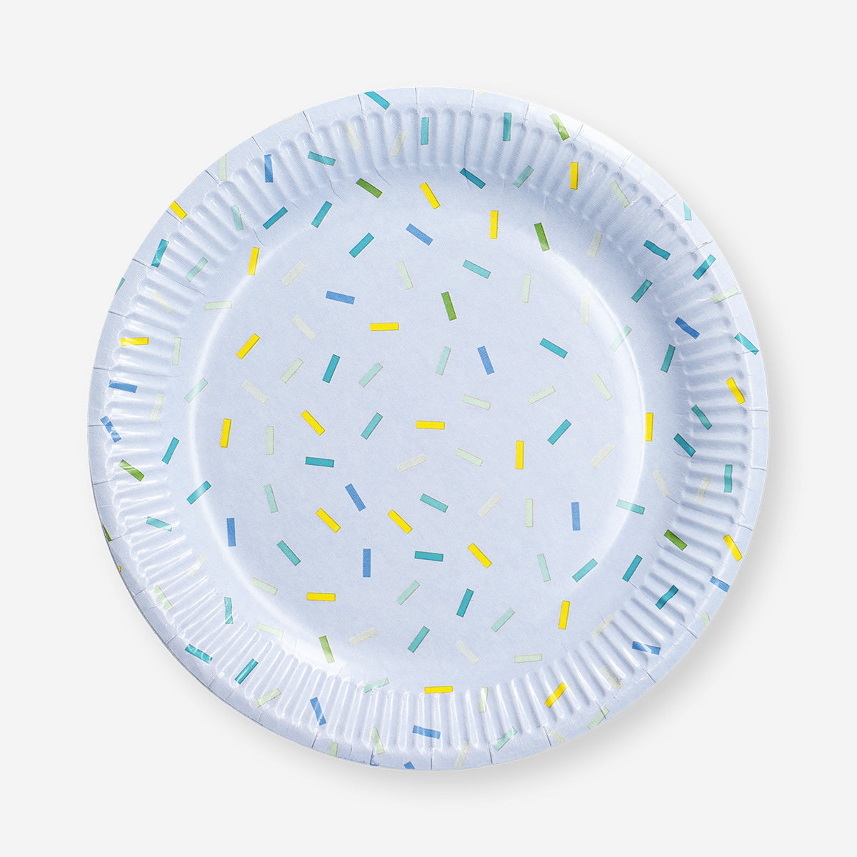 Set of 8 blue confetti paper plates for parties, featuring colorful confetti designs, by Flying Tiger Copenhagen.