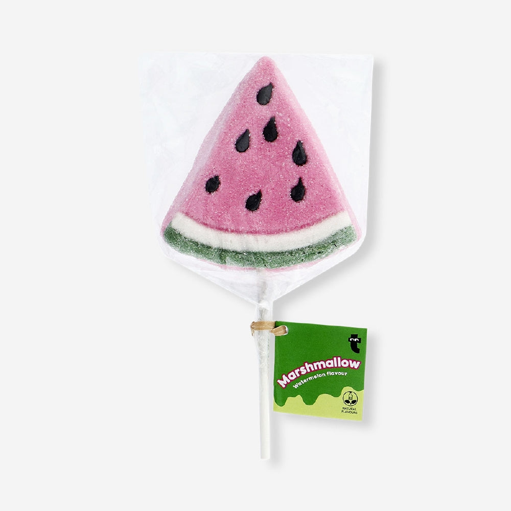 Watermelon-flavored marshmallow on a stick from Flying Tiger Copenhagen, showcasing a colorful, sweet treat ready to enjoy.