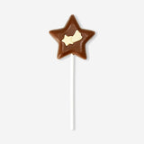 Flying Tiger Copenhagen cocoa confectionery lollipop shaped like a star, bright and colorful candy treat with a wooden stick.