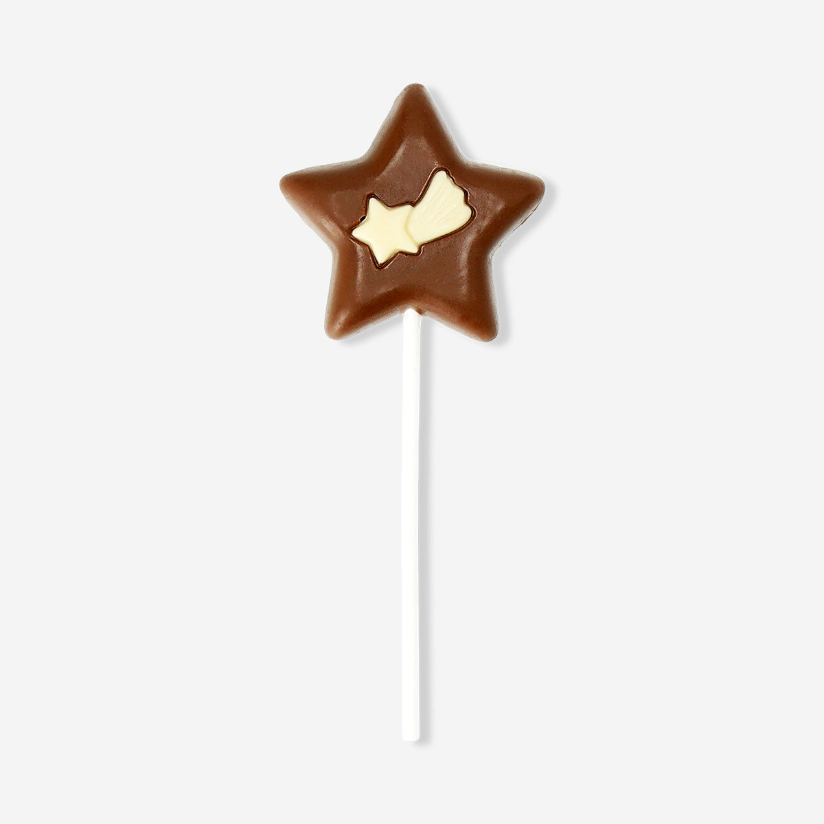 Flying Tiger Copenhagen cocoa confectionery lollipop shaped like a star, bright and colorful candy treat with a wooden stick.
