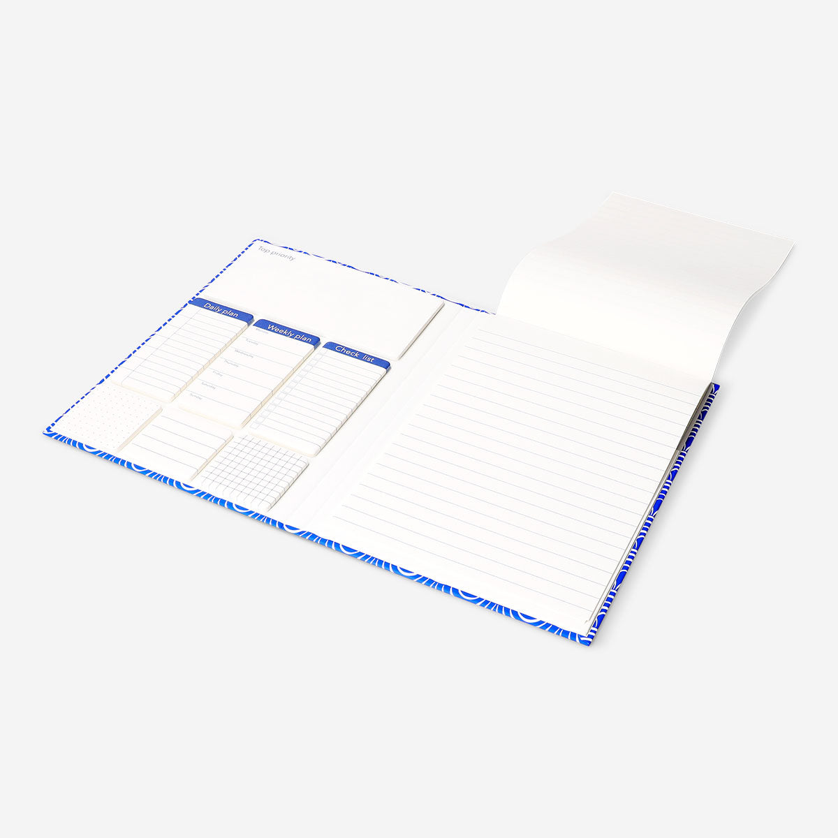 Blue office clipboard with spiral binding and playful cat print, designed by Flying Tiger Copenhagen.