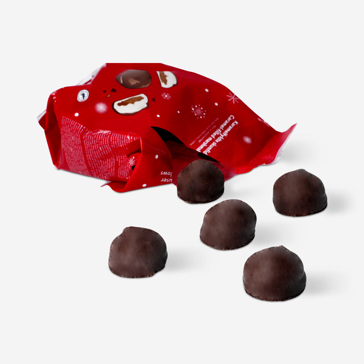 Chocolate covered marshmallows with caramel filling