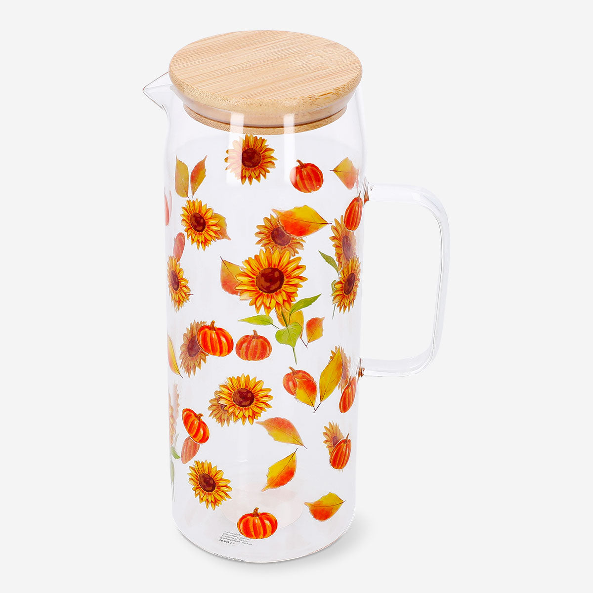 Glass jug with sunflower print, 1.15L from Flying Tiger Copenhagen, featuring a clear design and vibrant sunflower pattern.