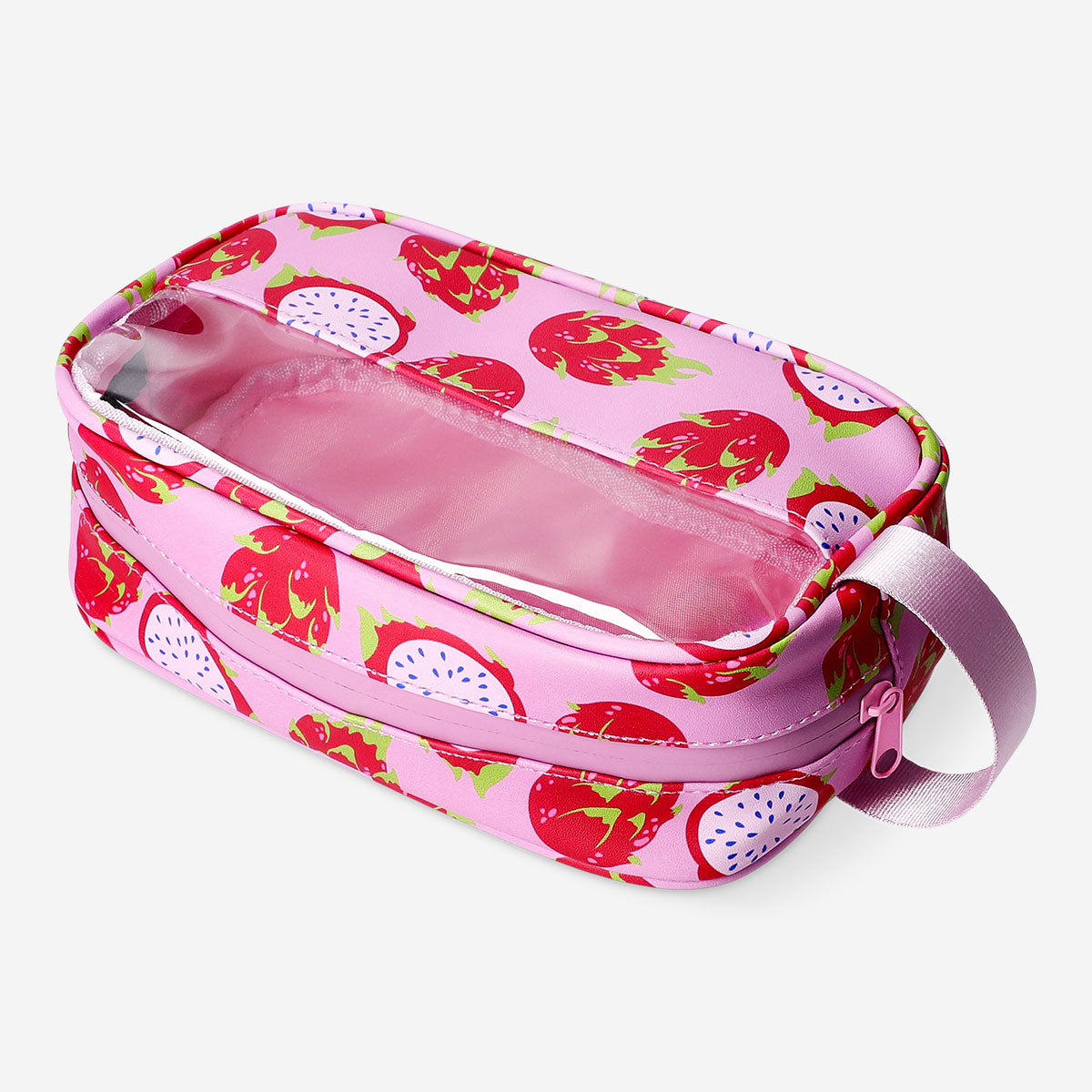 Flying Tiger Copenhagen cosmetic bag with vibrant dragon fruit print, perfect for personal care and travel organization.