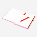 Flying Tiger Copenhagen gradient office notebook with magnetic bookmark and pen, open to pages with colorful cover.