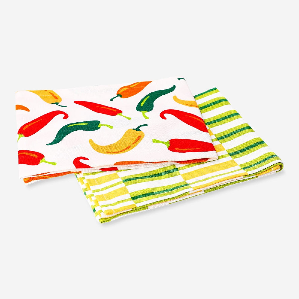 Set of two Flying Tiger Copenhagen kitchen tea towels featuring chili pepper and stripe patterns, perfect for adding color to your kitchen.