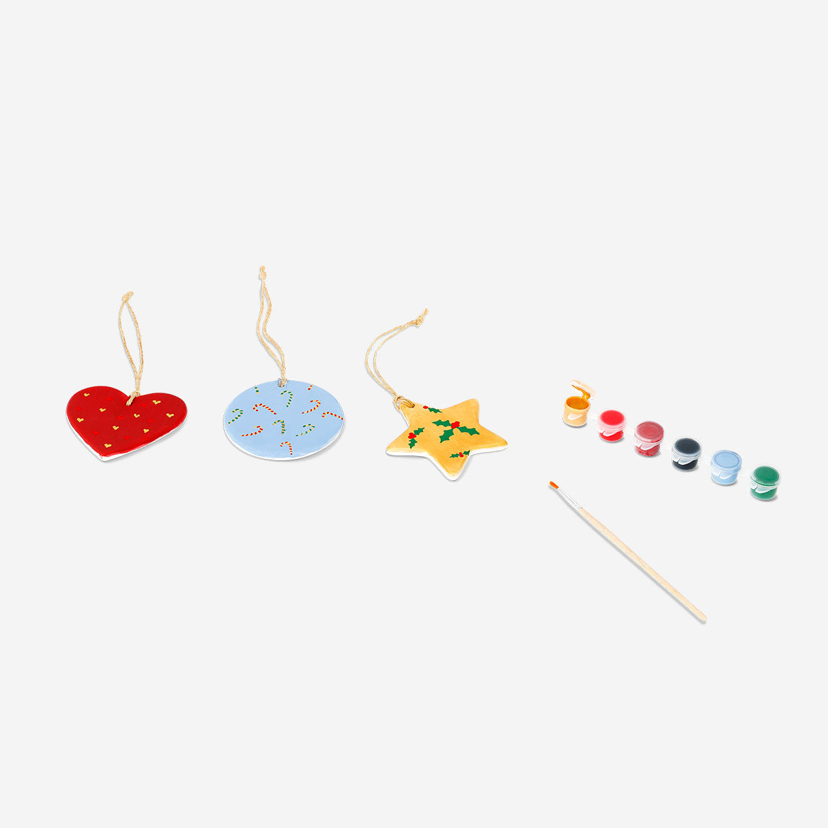 Set of three DIY ceramic ornaments for crafting, featuring colorful designs from Flying Tiger Copenhagen.