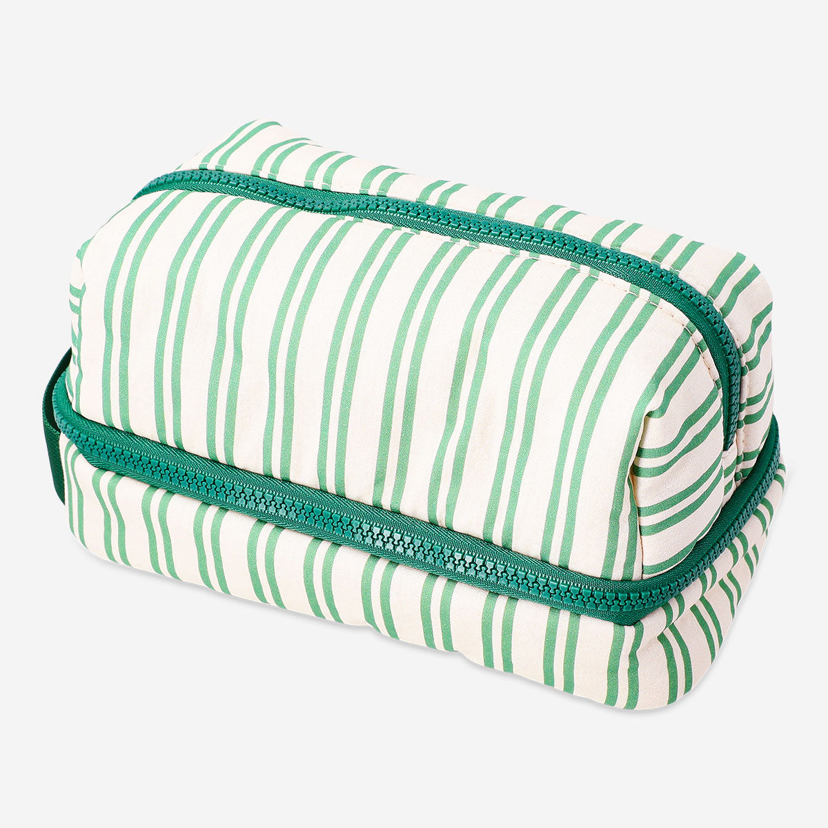 Green striped leisure toiletry bag by Flying Tiger Copenhagen with zipper closure and compact travel-friendly design.
