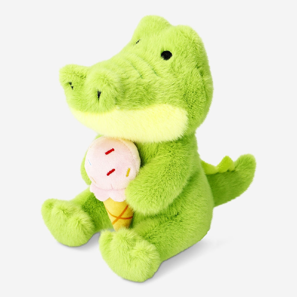 Flying Tiger Copenhagen plush crocodile toy holding an ice cream cone, soft and colorful children's stuffed animal.