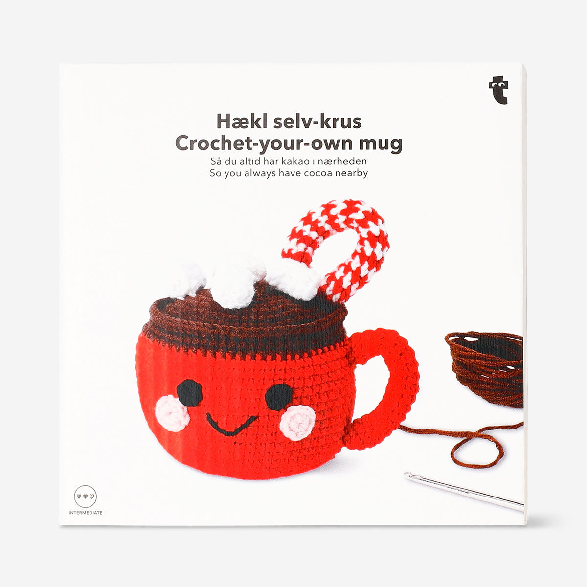 DIY crochet mug with hot chocolate, hobby kit from Flying Tiger Copenhagen featuring a handmade crochet mug and hot chocolate.