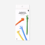 Set of four Flying Tiger Copenhagen office ballpoint pens featuring hand sign designs on colorful barrels.