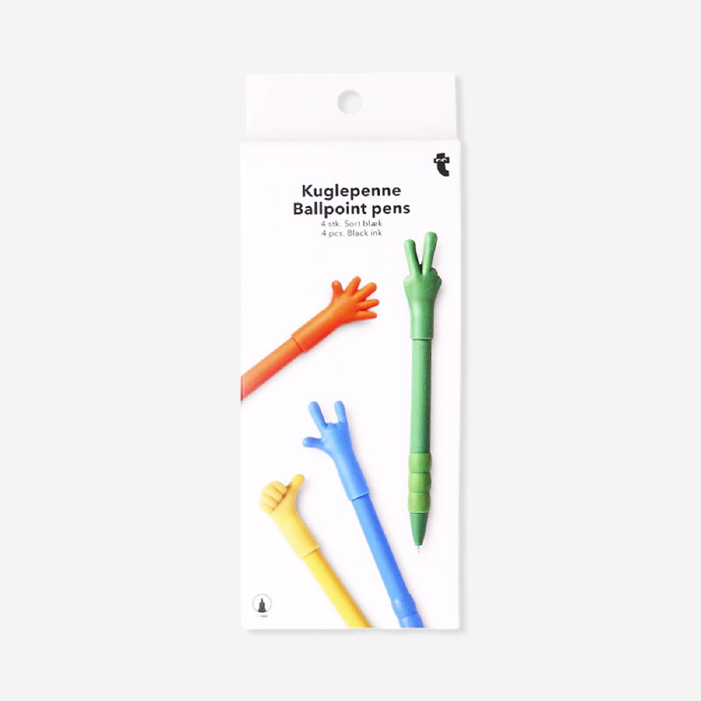 Set of four Flying Tiger Copenhagen office ballpoint pens featuring hand sign designs on colorful barrels.