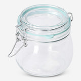 Glass jar with green rim, 13 cm tall, kitchen storage container by Flying Tiger Copenhagen, clear glass with vibrant green accent.