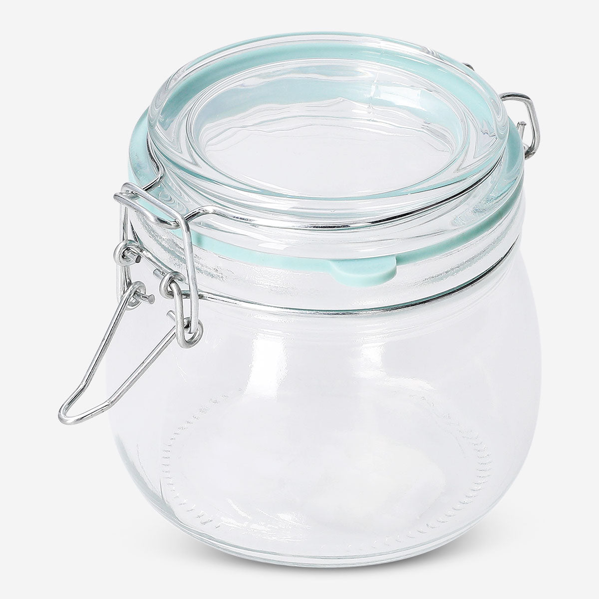 Glass jar with green rim, 13 cm tall, kitchen storage container by Flying Tiger Copenhagen, clear glass with vibrant green accent.