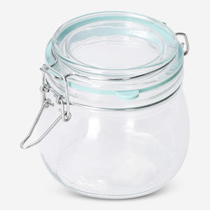 Glass jar with green rim, 13 cm tall, kitchen storage container by Flying Tiger Copenhagen, clear glass with vibrant green accent.