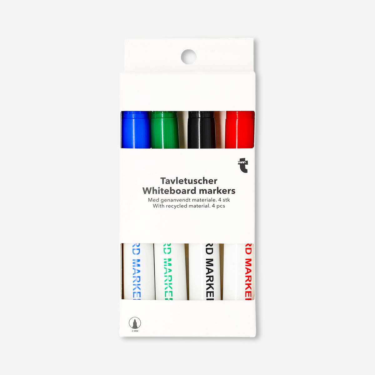 Set of four Flying Tiger Copenhagen whiteboard markers with colorful caps, ideal for office use and easy to write on whiteboards.