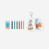 Mini coloured pencils set with a hobby colouring book from Flying Tiger Copenhagen, featuring vibrant pencil colors on the cover.