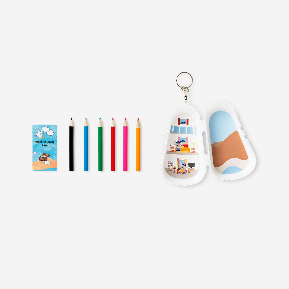 Mini coloured pencils set with a hobby colouring book from Flying Tiger Copenhagen, featuring vibrant pencil colors on the cover.