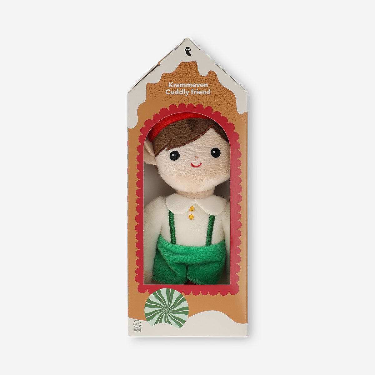 Soft plush elf boy toy from Flying Tiger Copenhagen with green outfit and cheerful expression, ideal for kids' play and cuddles.