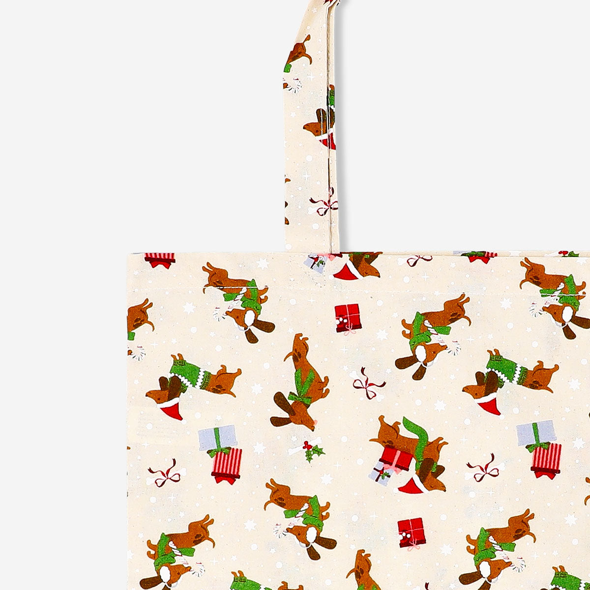 Textile tote bag featuring Christmas sausage dogs design by Flying Tiger Copenhagen, with festive holiday print and sturdy handles.