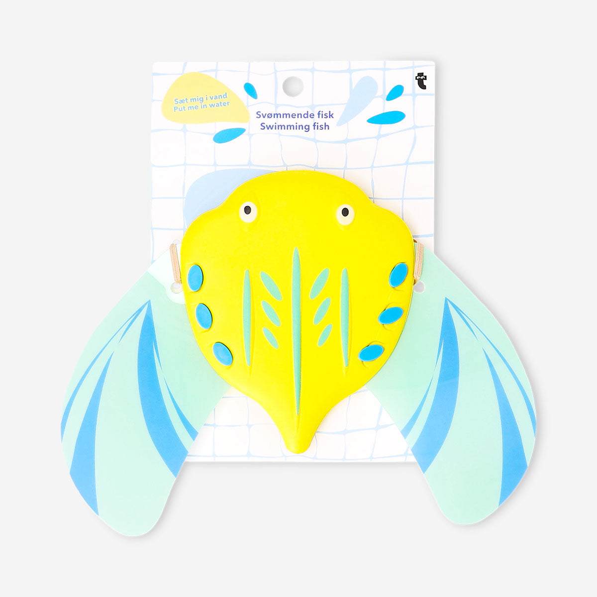 Yellow Flying Tiger Copenhagen swimming fish toy with fins and smiling face, designed for aquatic play and fun.