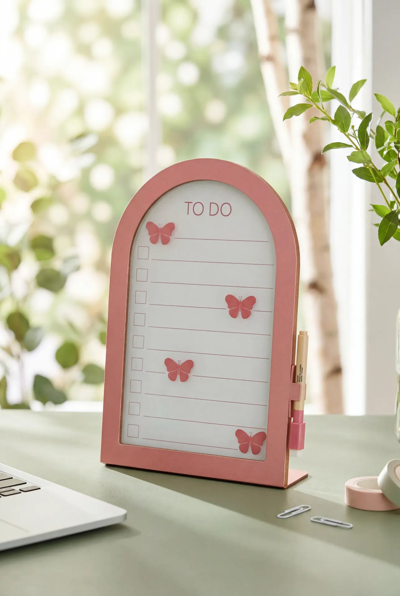 Butterfly glass planner board with marker for office organization, featuring a colorful butterfly design by Flying Tiger Copenhagen.