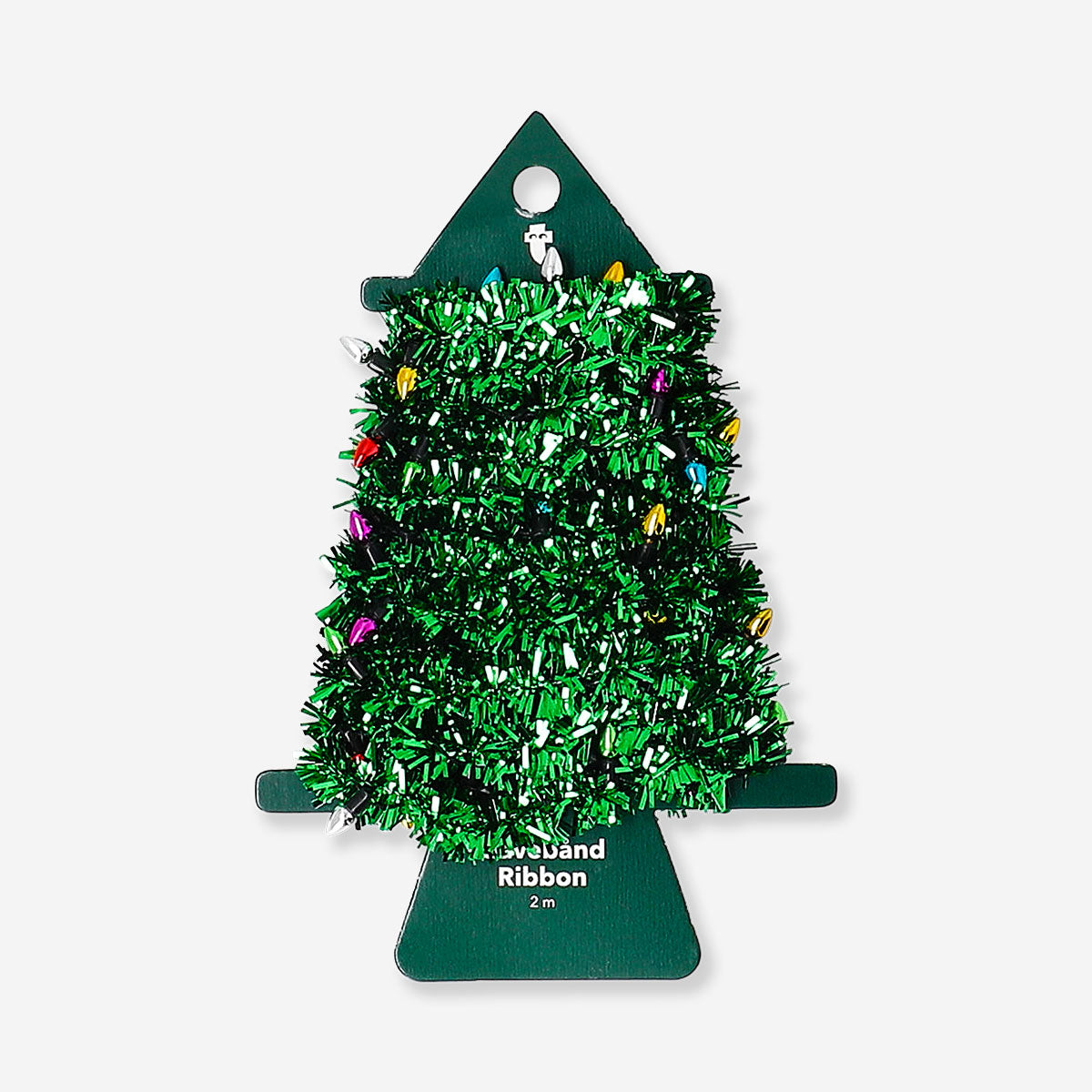 Green tinsel ribbon from Flying Tiger Copenhagen, 2 meters long, with shiny, festive metallic strands for holiday or office decoration.