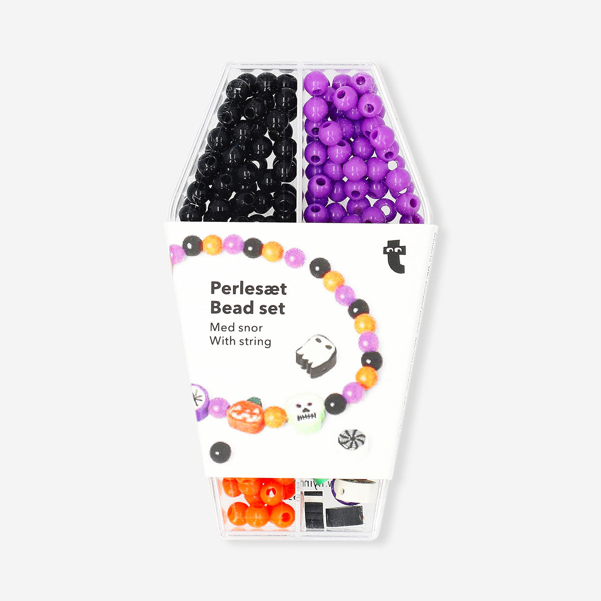 Colorful bead set in coffin container by Flying Tiger Copenhagen for crafting and jewelry making hobby projects.