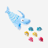 Flying Tiger Copenhagen Hungry Shark toy with colorful fish, plastic marine creature suitable for kids' play and imaginative fun.