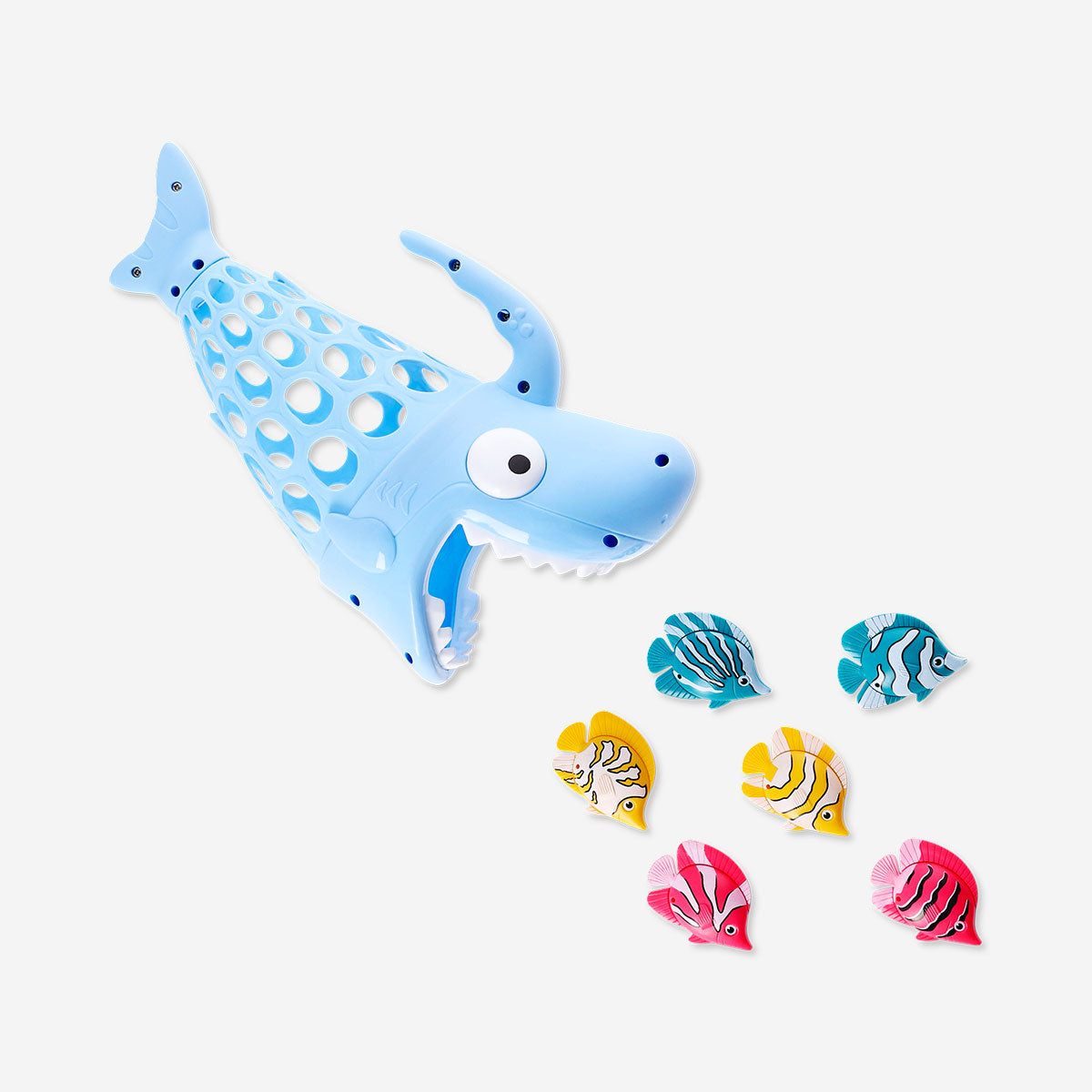 Flying Tiger Copenhagen Hungry Shark toy with colorful fish, plastic marine creature suitable for kids' play and imaginative fun.